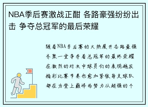 NBA季后赛激战正酣 各路豪强纷纷出击 争夺总冠军的最后荣耀