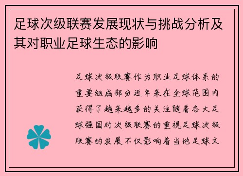 足球次级联赛发展现状与挑战分析及其对职业足球生态的影响