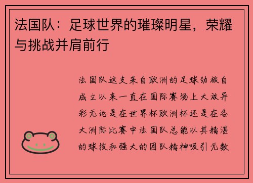 法国队：足球世界的璀璨明星，荣耀与挑战并肩前行