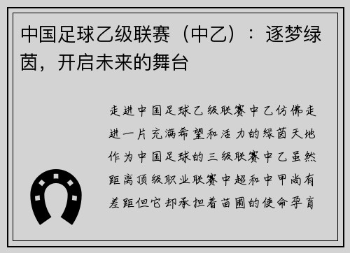 中国足球乙级联赛（中乙）：逐梦绿茵，开启未来的舞台