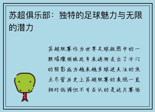 苏超俱乐部：独特的足球魅力与无限的潜力